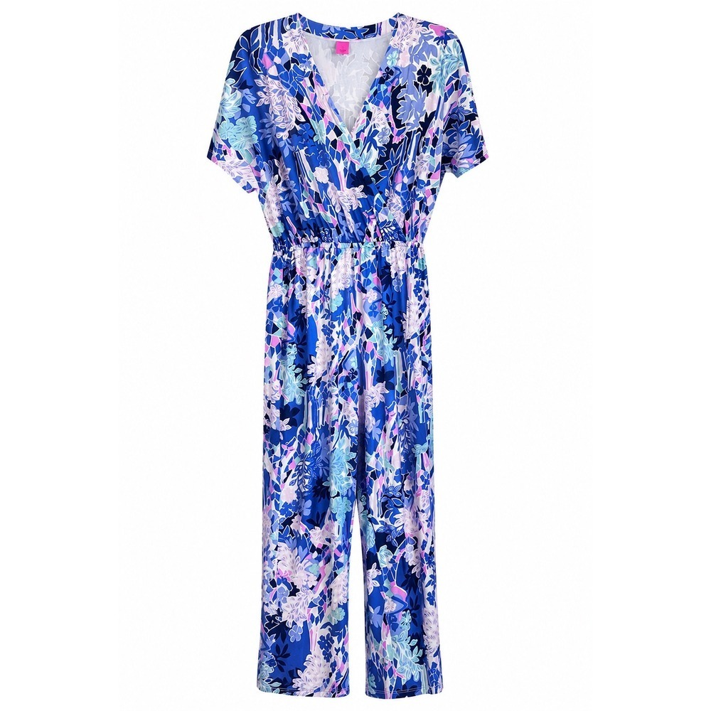 Lilly Pulitzer Maliah Jumpsuit M Iris Blue Giraffic Park V-Neck Cropped Leg